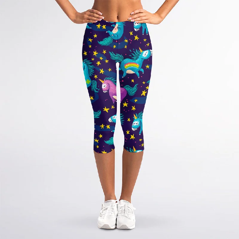 Night Star Unicorn Pattern Print Women's Capri Leggings