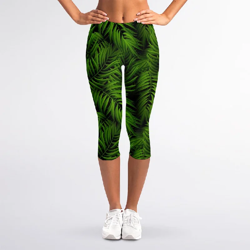 Night Tropical Palm Leaf Pattern Print Women's Capri Leggings