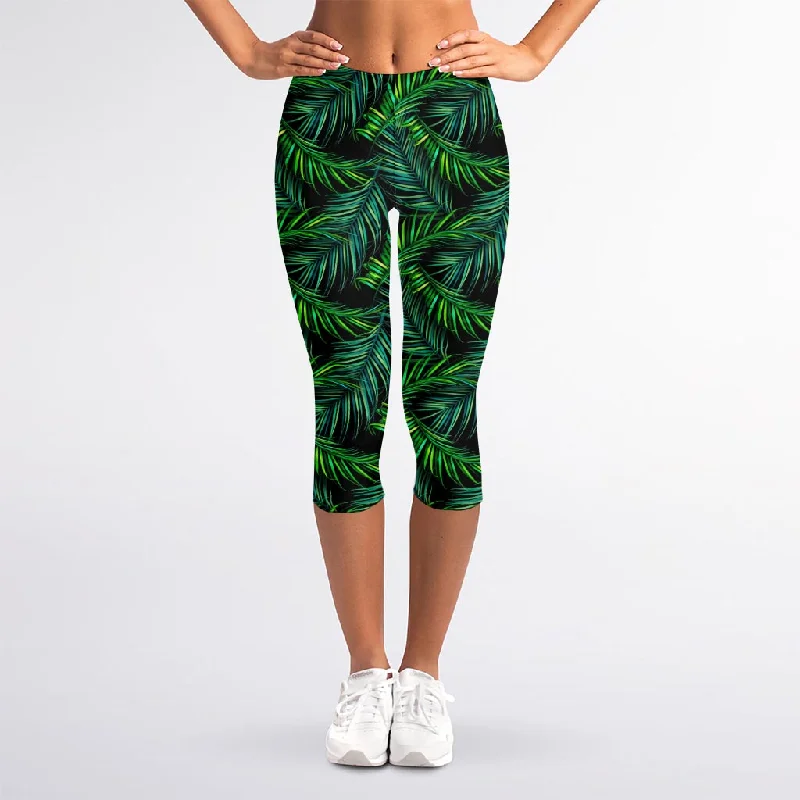 Night Tropical Palm Leaves Pattern Print Women's Capri Leggings