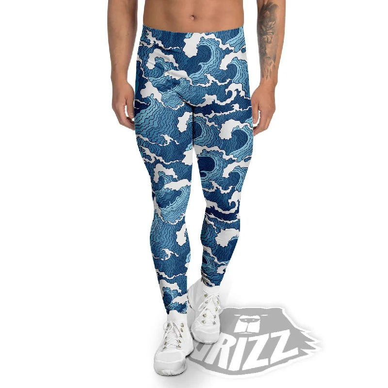 Ocean Wave Japanese Print Pattern Men's Leggings