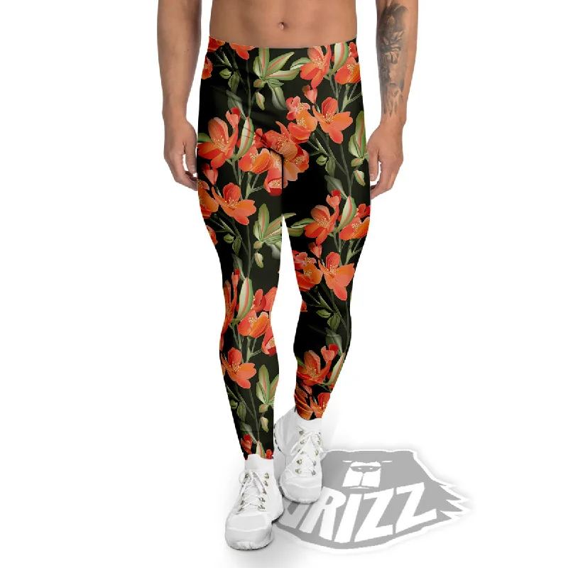 Orange Alstroemeria Print Pattern Men's Leggings