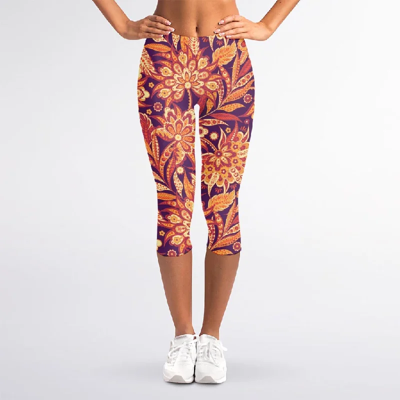 Orange Bohemian Floral Pattern Print Women's Capri Leggings