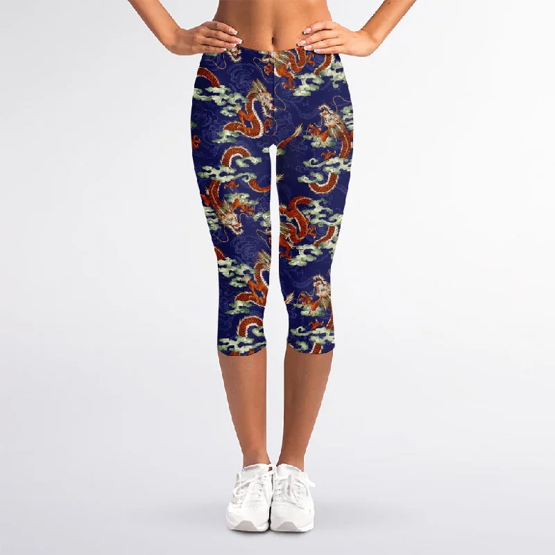 Orange Japanese Dragon Pattern Print Women's Capri Leggings