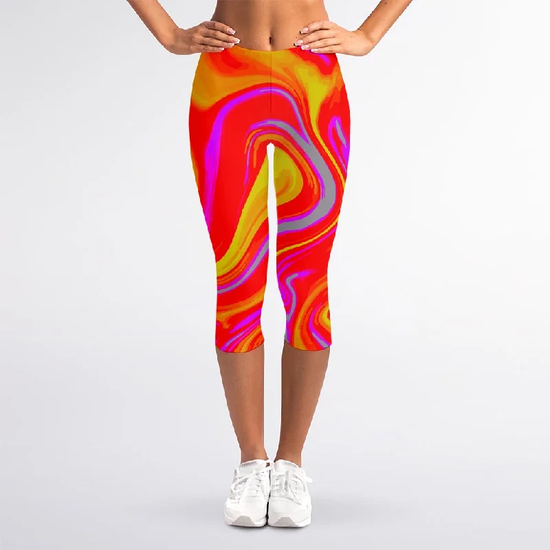 Orange Psychedelic Liquid Trippy Print Women's Capri Leggings