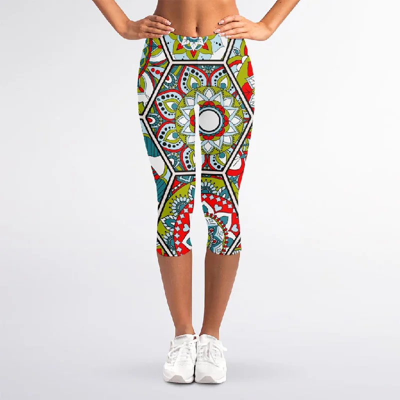 Oriental Mandala Bohemian Pattern Print Women's Capri Leggings