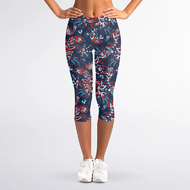 Paisley Floral Bohemian Pattern Print Women's Capri Leggings