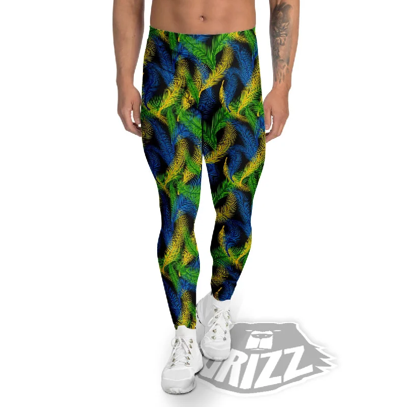 Palm Leaf Mardi Gras Print Pattern Men's Leggings