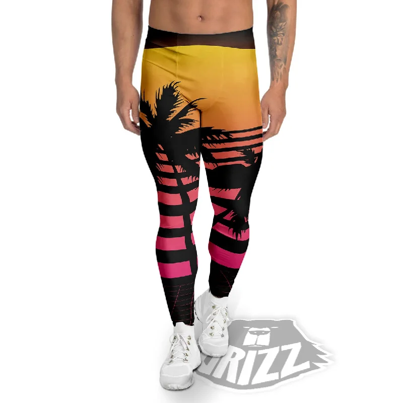 Palm Trees And Night Sunset Sky Print Men's Leggings