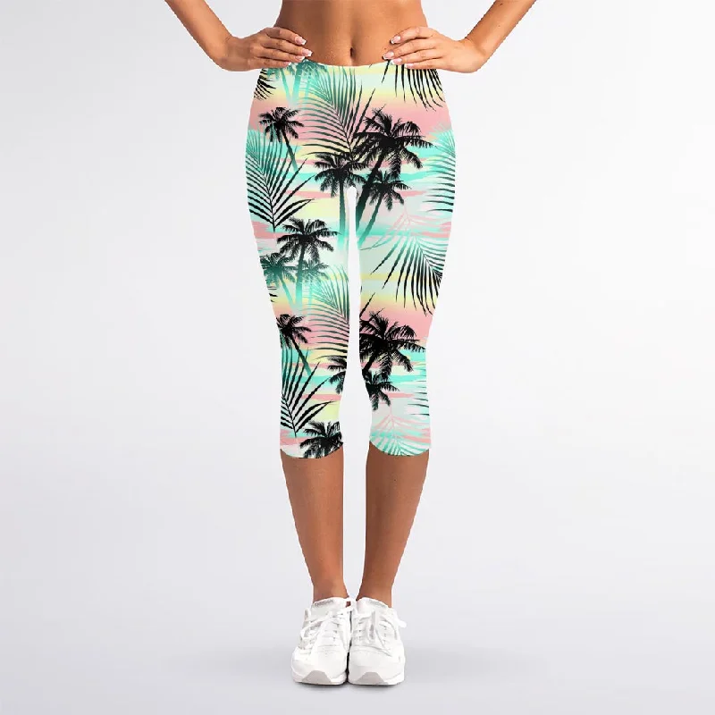 Pastel Palm Tree Pattern Print Women's Capri Leggings