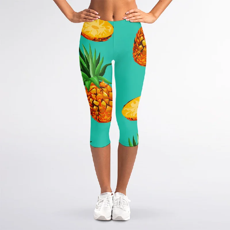 Pastel Turquoise Pineapple Pattern Print Women's Capri Leggings