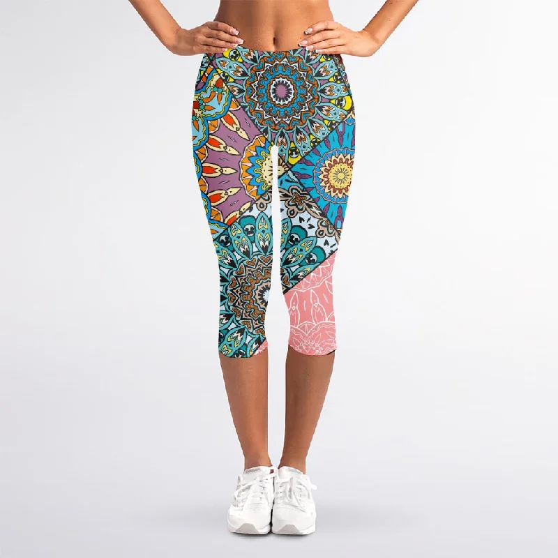 Patchwork Mandala Bohemian Pattern Print Women's Capri Leggings