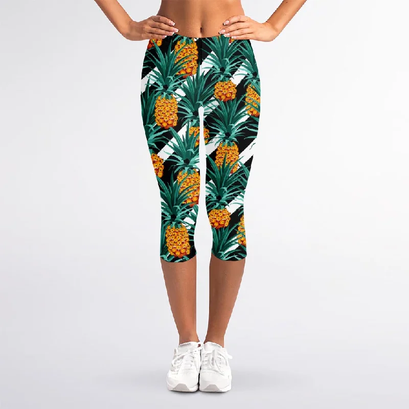 Pineapple Striped Pattern Print Women's Capri Leggings