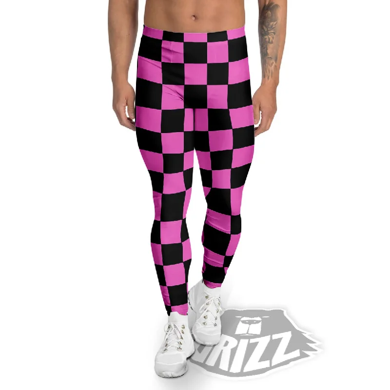 Pink And Black Checkered Print Pattern Men's Leggings