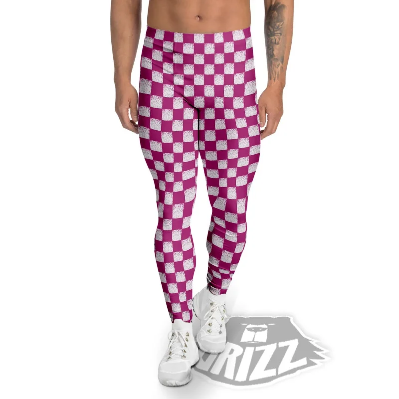 Pink And White Checkered Print Pattern Men's Leggings