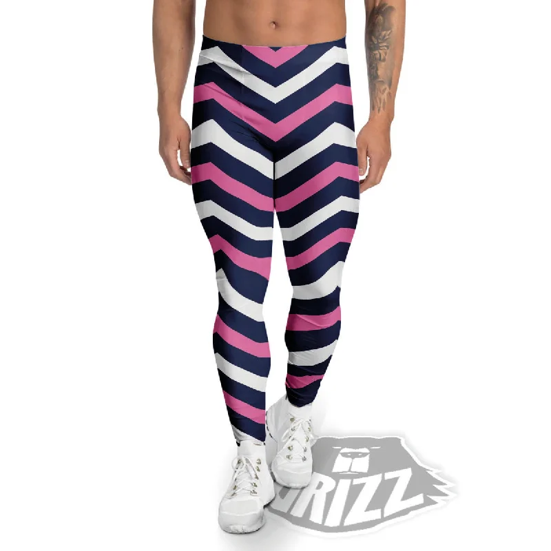 Pink And White Navy Chevron Print Men's Leggings