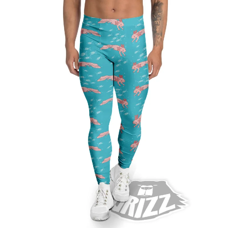 Pink Axolotl Teal Print Pattern Men's Leggings