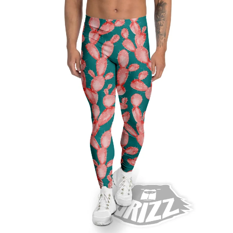 Pink Cactus Print Pattern Men's Leggings