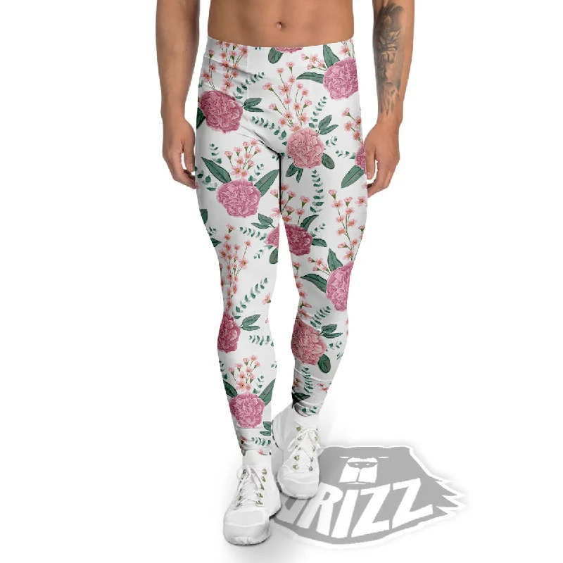 Pink Carnation White Print Pattern Men's Leggings