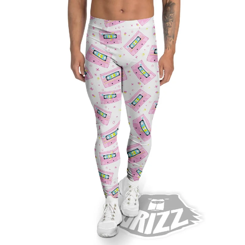 Pink Cassette Tape White Print Pattern Men's Leggings