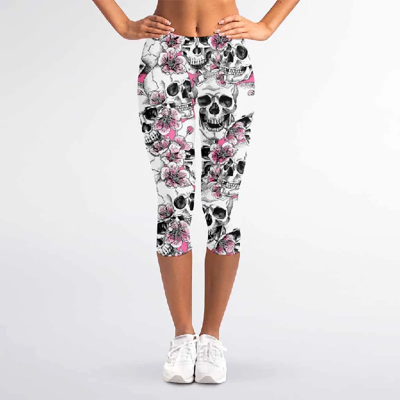 Pink Flowers Skull Pattern Print Women's Capri Leggings