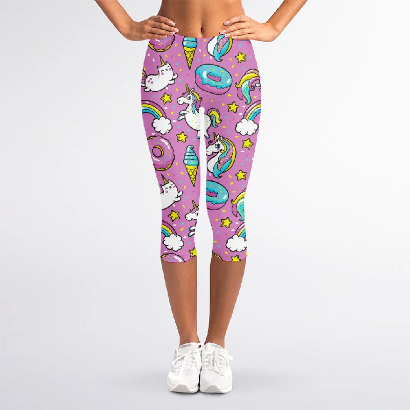 Pink Girly Unicorn Donut Pattern Print Women's Capri Leggings