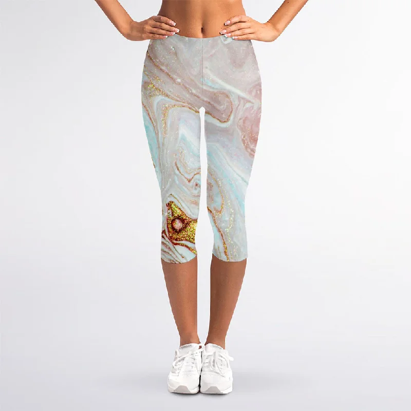 Pink Gold Liquid Marble Print Women's Capri Leggings