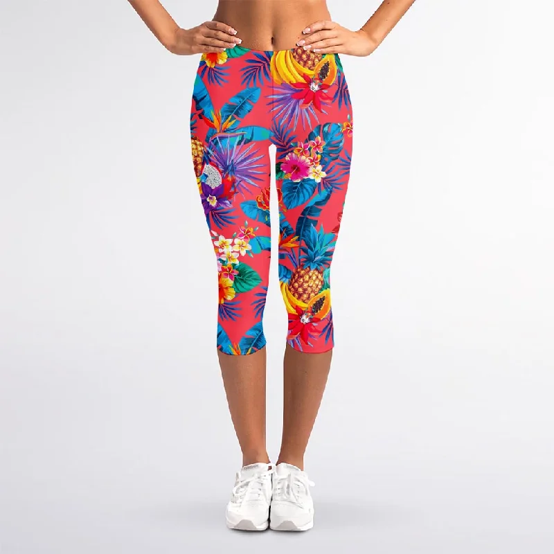 Pink Hawaiian Fruits Pattern Print Women's Capri Leggings