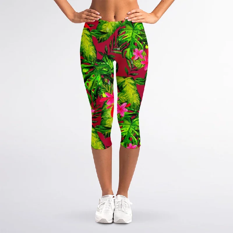 Pink Hawaiian Tropical Pattern Print Women's Capri Leggings