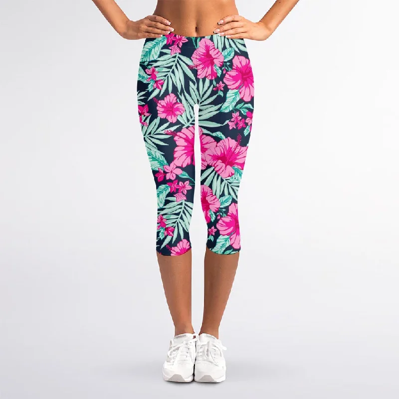 Pink Hibiscus Tropical Pattern Print Women's Capri Leggings