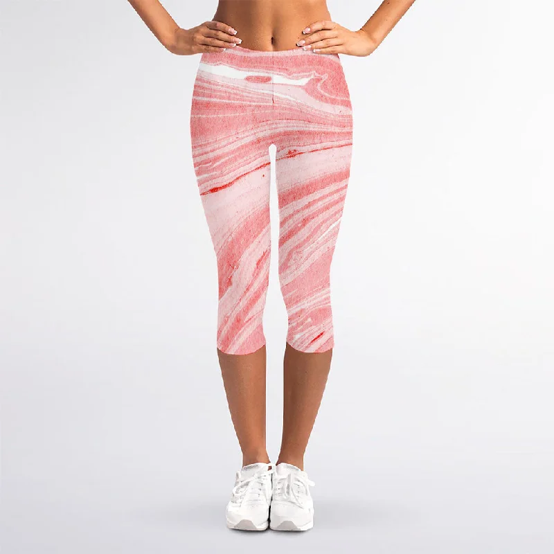 Pink Liquid Marble Print Women's Capri Leggings