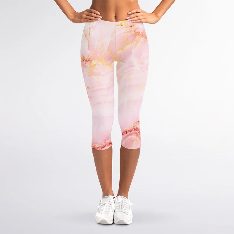 Pink Marble Print Women's Capri Leggings