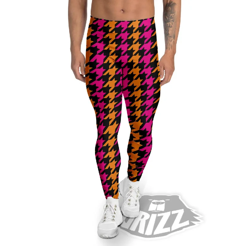 Pink Orange And Black Houndstooth Print Men's Leggings