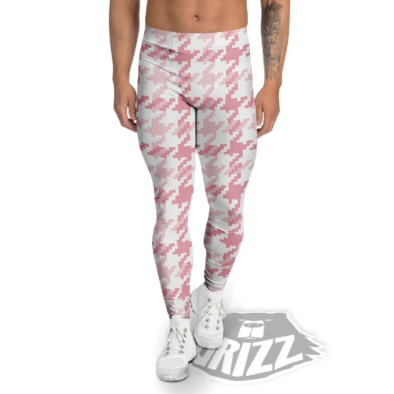 Pink Pastel And White Houndstooth Print Men's Leggings