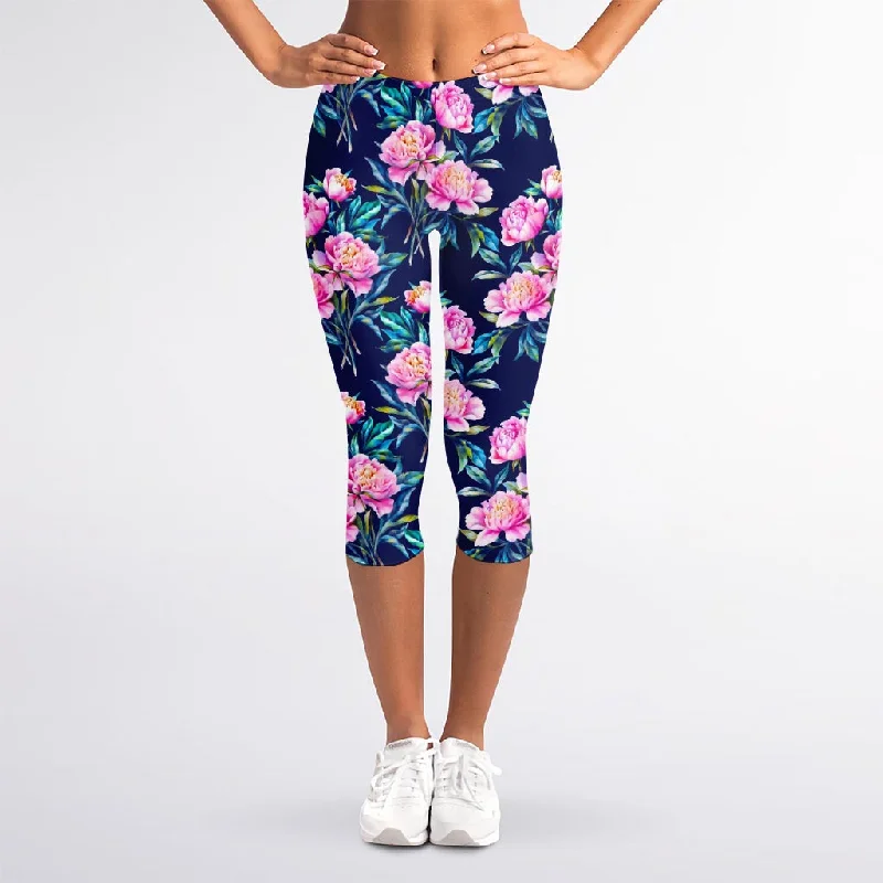 Pink Peony Floral Flower Pattern Print Women's Capri Leggings