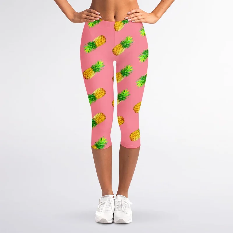 Pink Pineapple Pattern Print Women's Capri Leggings