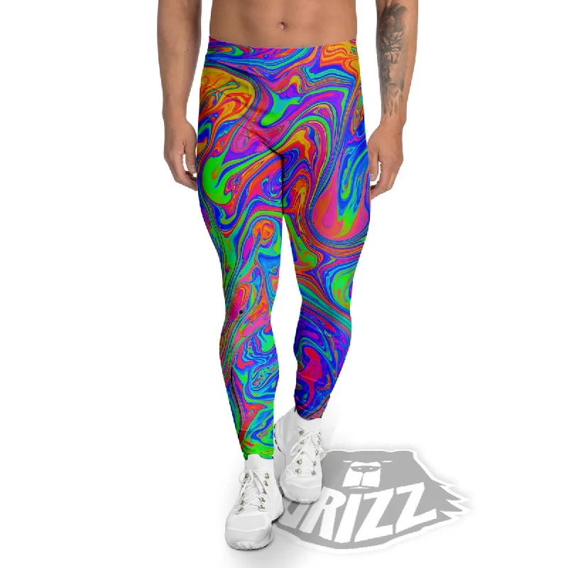 Pink Psychedelic Trippy Neon Green Print Men's Leggings