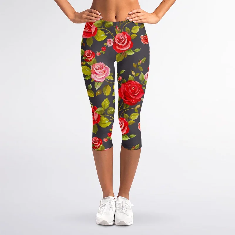 Pink Red Rose Floral Pattern Print Women's Capri Leggings