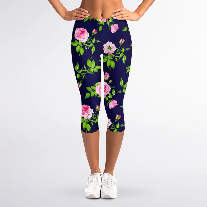 Pink Rose Floral Flower Pattern Print Women's Capri Leggings