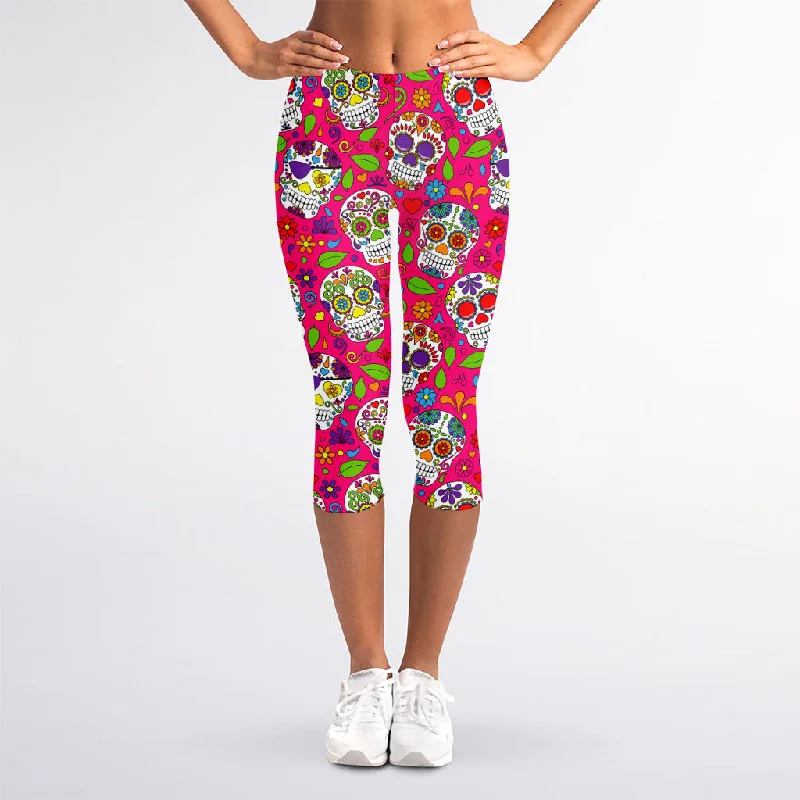 Pink Sugar Skull Pattern Print Women's Capri Leggings