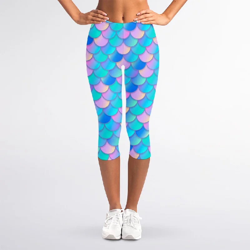 Pink Teal Mermaid Scales Pattern Print Women's Capri Leggings