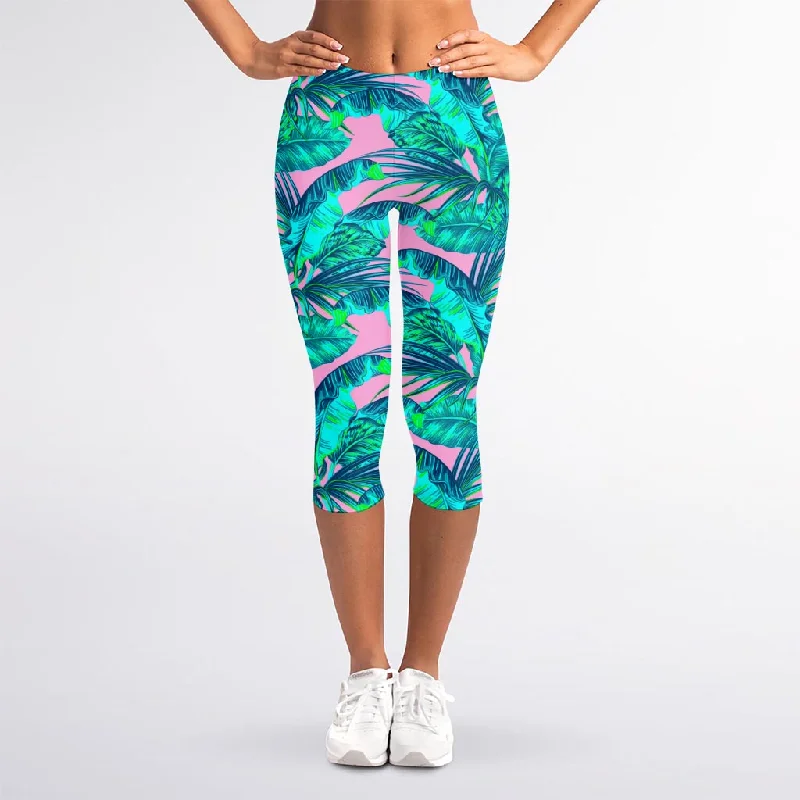 Pink Teal Tropical Leaf Pattern Print Women's Capri Leggings