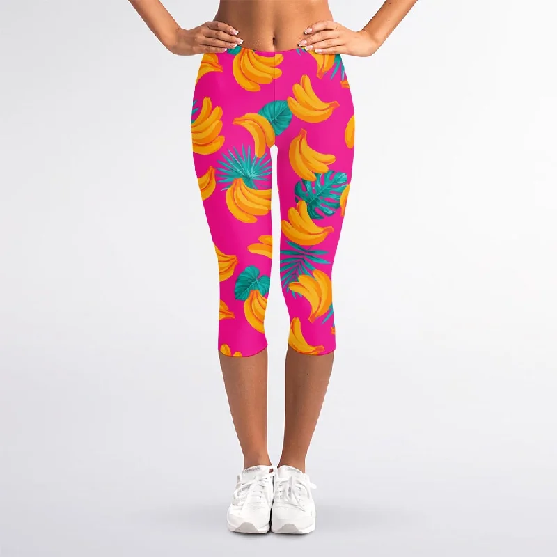 Pink Tropical Banana Pattern Print Women's Capri Leggings