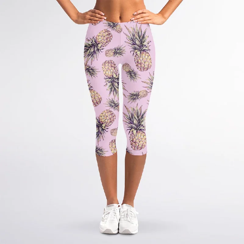 Pink Vintage Pineapple Pattern Print Women's Capri Leggings