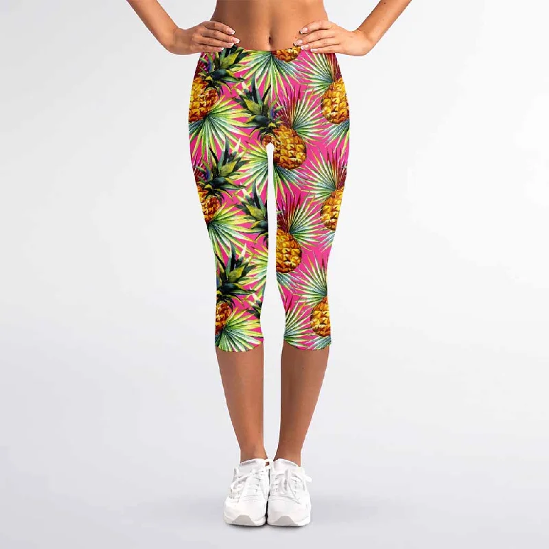 Pink Watercolor Pineapple Pattern Print Women's Capri Leggings