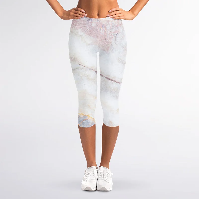 Pink White Grey Marble Print Women's Capri Leggings