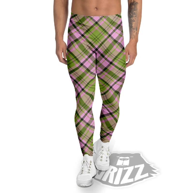 Plaid Green And Pink Print Pattern Men's Leggings