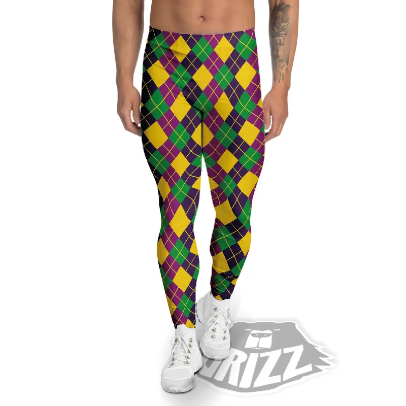 Plaid Mardi Gras Print Pattern Men's Leggings