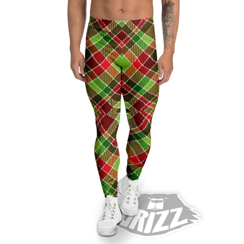 Plaid Merry Christmas Print Pattern Men's Leggings