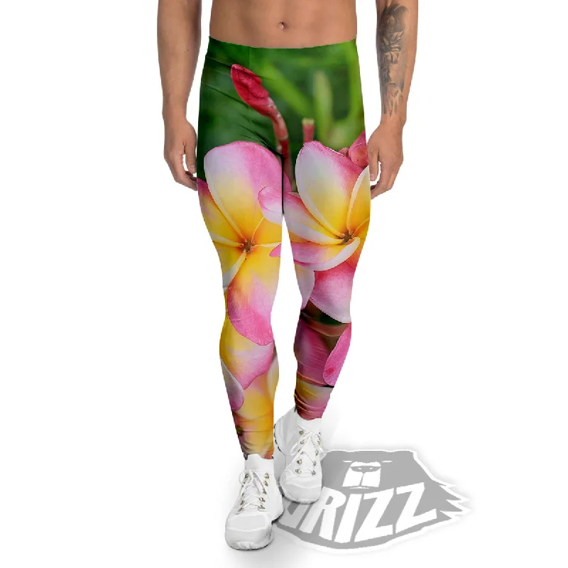 Plumeria Flower Yellow And Pink Print Men's Leggings