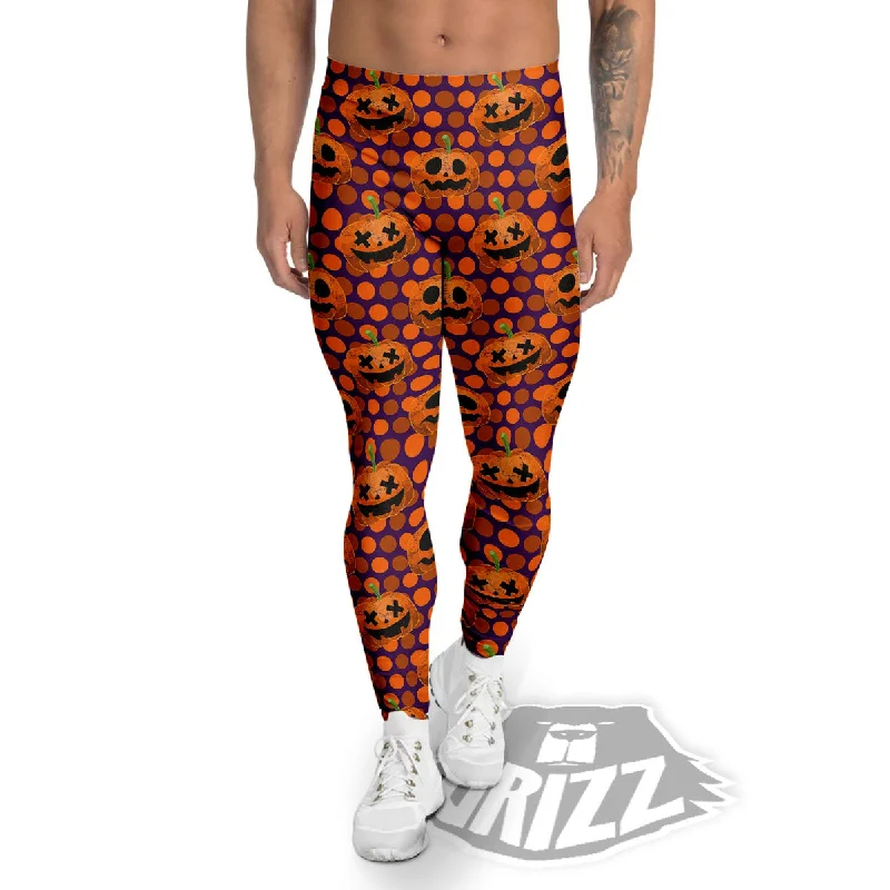 Polka Dot Halloween Pumkin Print Pattern Men's Leggings